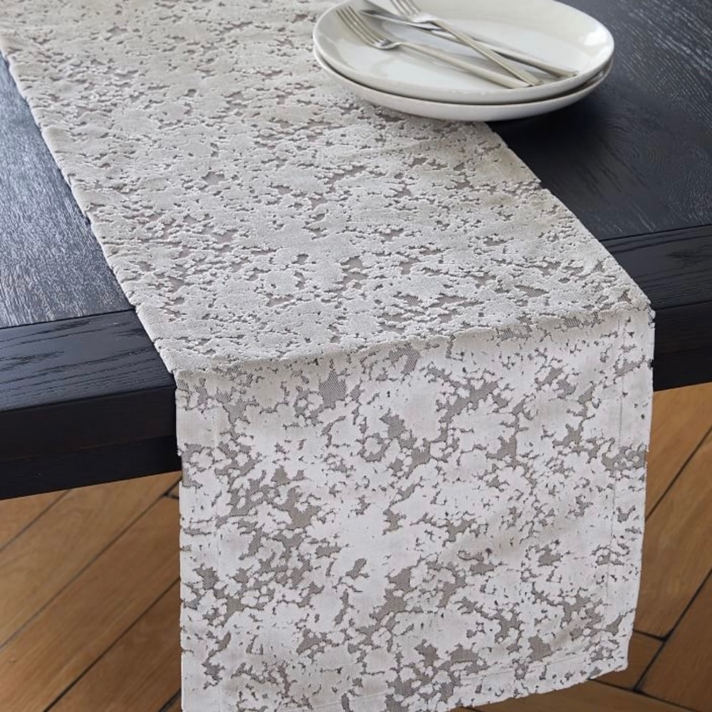 WEST ELM Silver Gray Fog ALLOVER TEXTURED JACQUARD VELVET Table Runner 14” X 90” - Picture 1 of 8